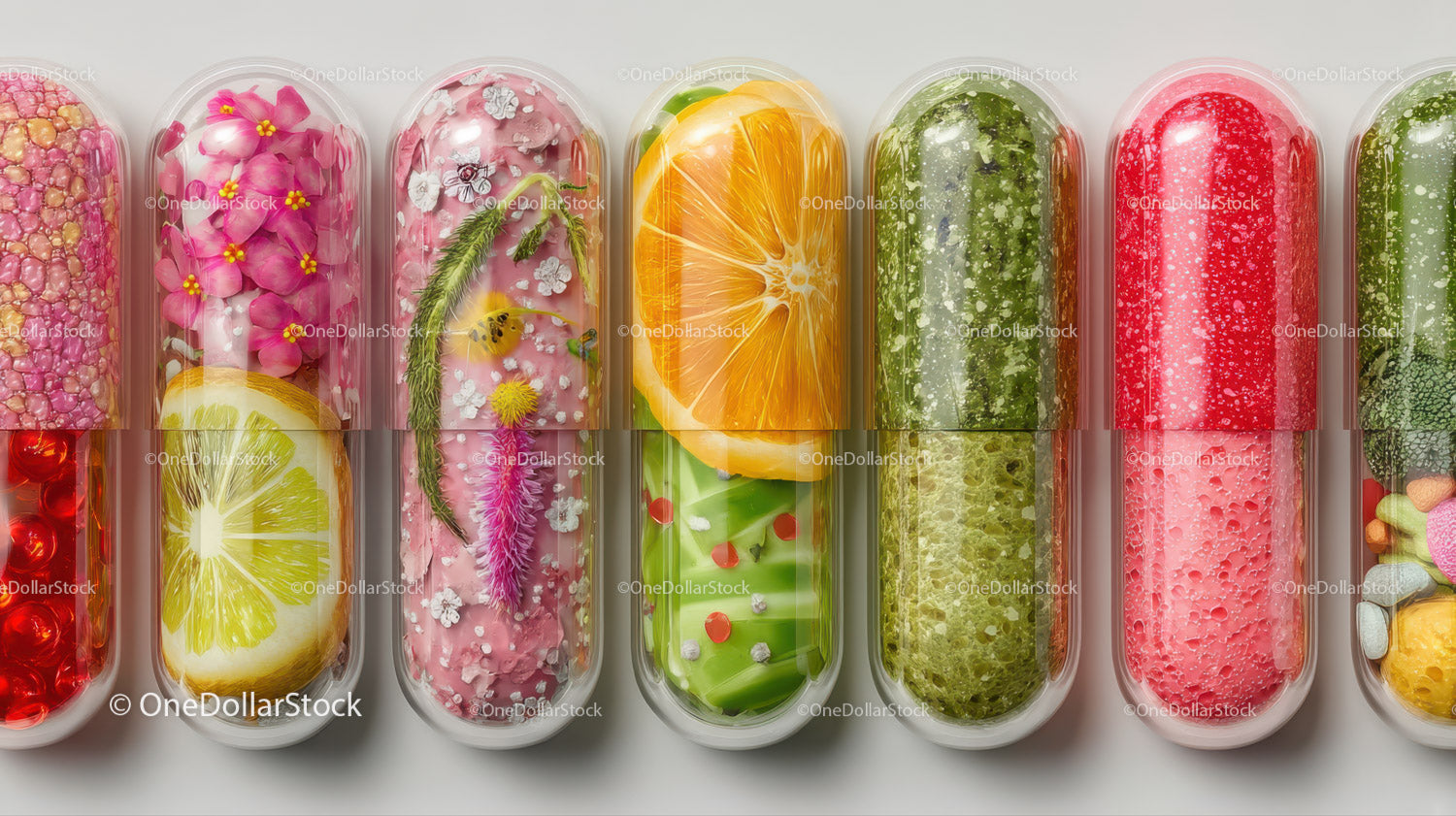Żywe, różnorodne kapsułki farmaceutyczne o kolorowych i różnorodnych kształtach