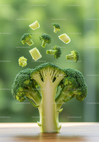 Fresh broccoli florets floating above stalk on wooden table