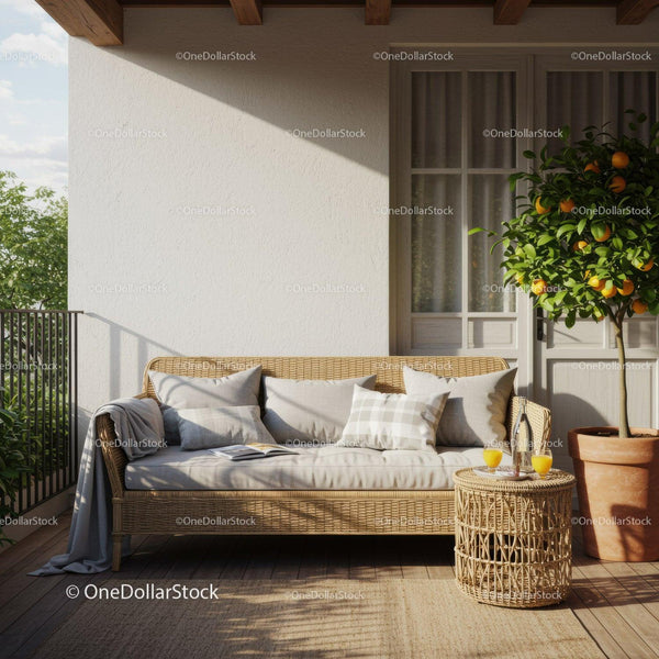Cozy balcony with rattan sofa and orange tree
