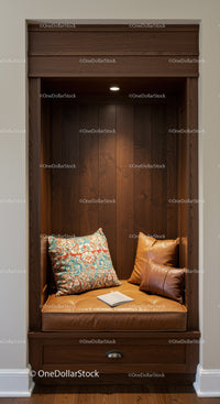 Cozy Wooden Reading Nook with Cushions and Ambient Lighting