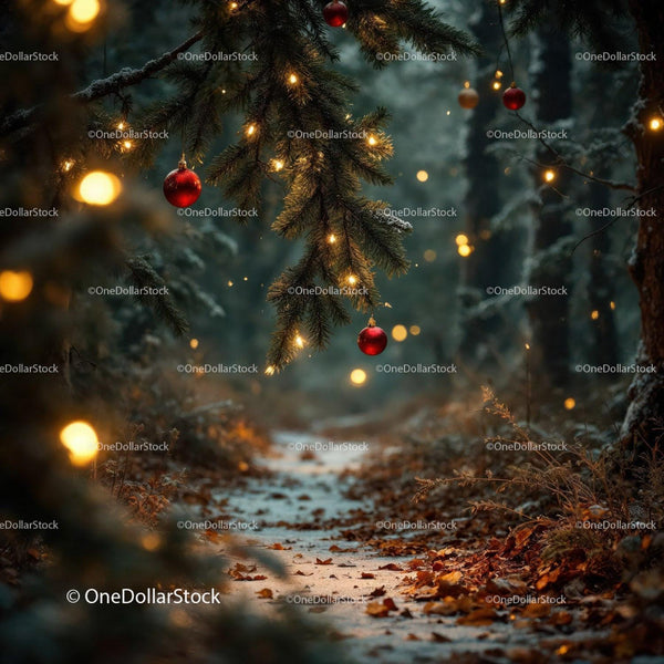 Winter forest path decorated with glowing Christmas lights