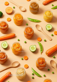 Assorted vegetable purees in jars with fresh produce