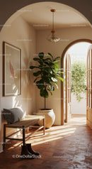 Sunlit Mediterranean Entryway with Green Plant and Bench