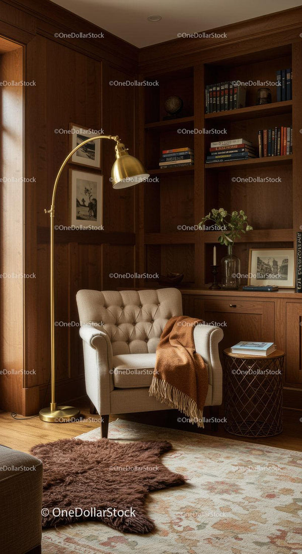 Cozy reading nook with beige armchair and warm blanket