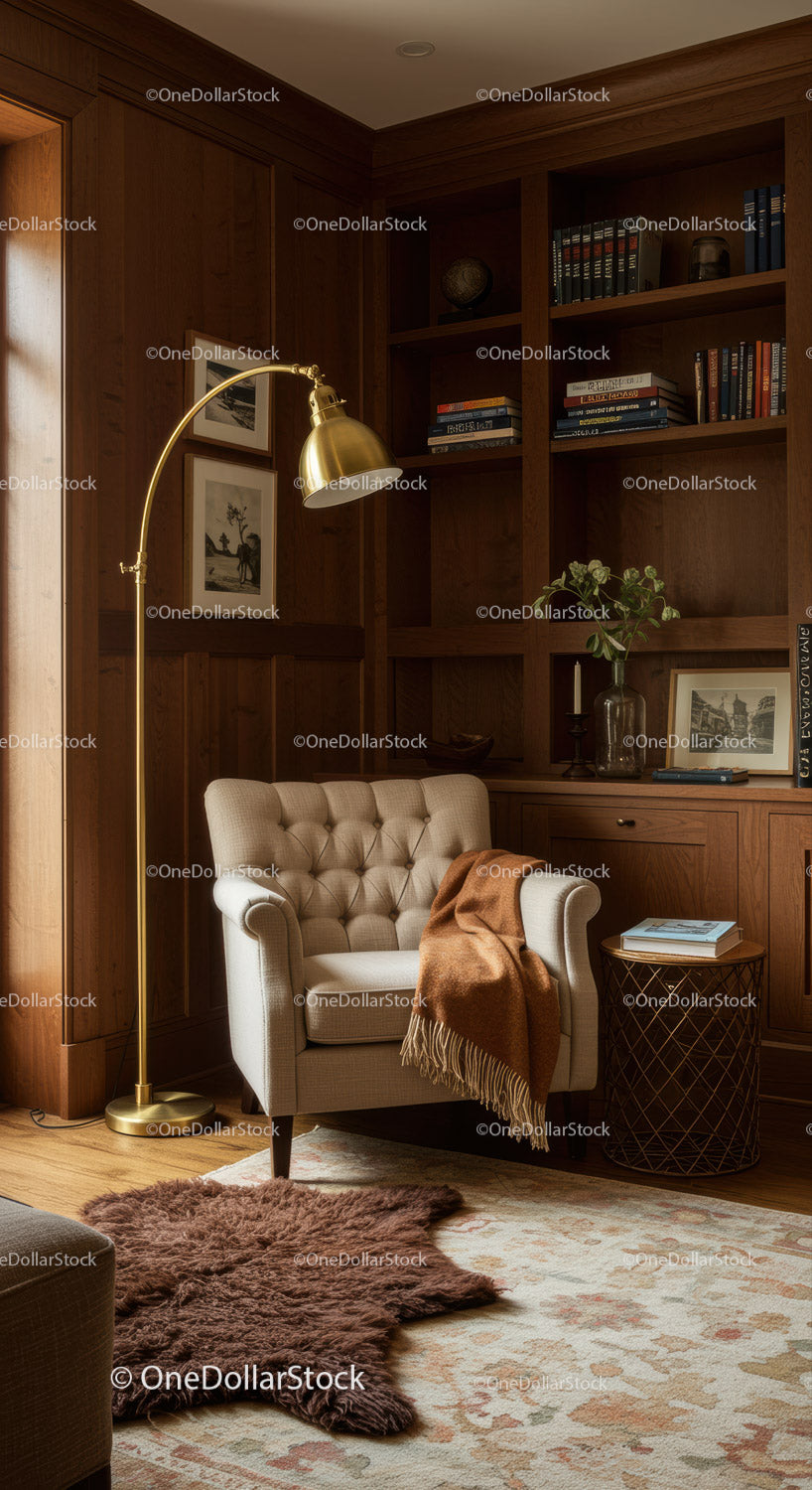 Cozy reading nook with beige armchair and warm blanket