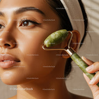 Close Up of Woman Using Jade Roller for Facial Massage in Spa Setting