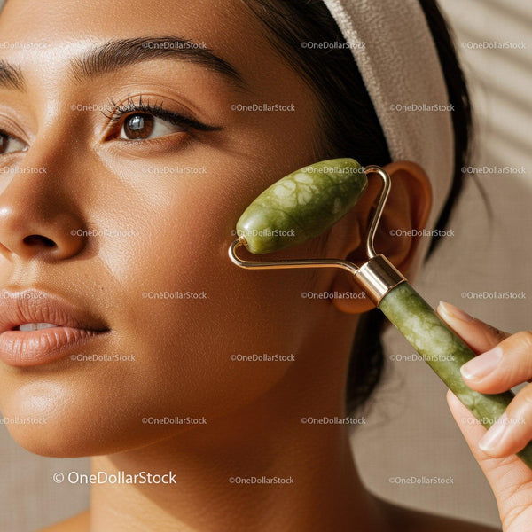 Close Up of Woman Using Jade Roller for Facial Massage in Spa Setting