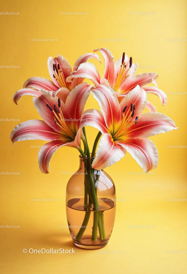 Pink Lilies in Glass Vase with Bright Yellow Background