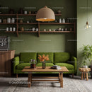 Cozy living room with green sofa and wooden accents
