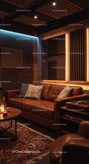Cozy leather sofa in stylish acoustic lounge room