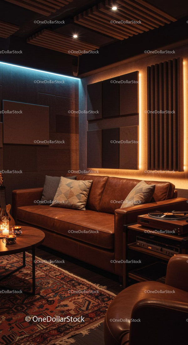 Cozy leather sofa in stylish acoustic lounge room