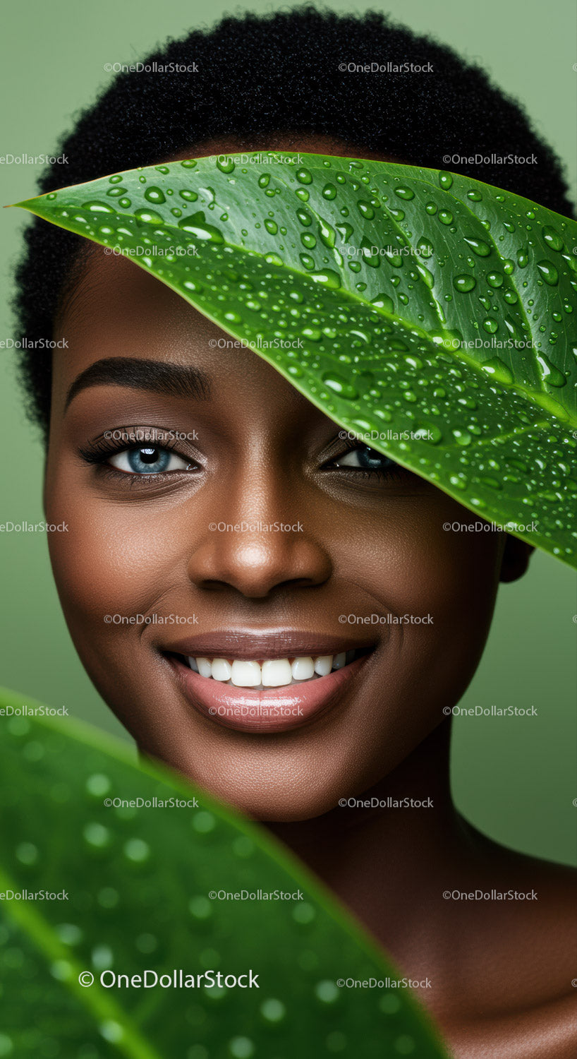 Close-up of African Woman with Bright Smile and Green Leaves