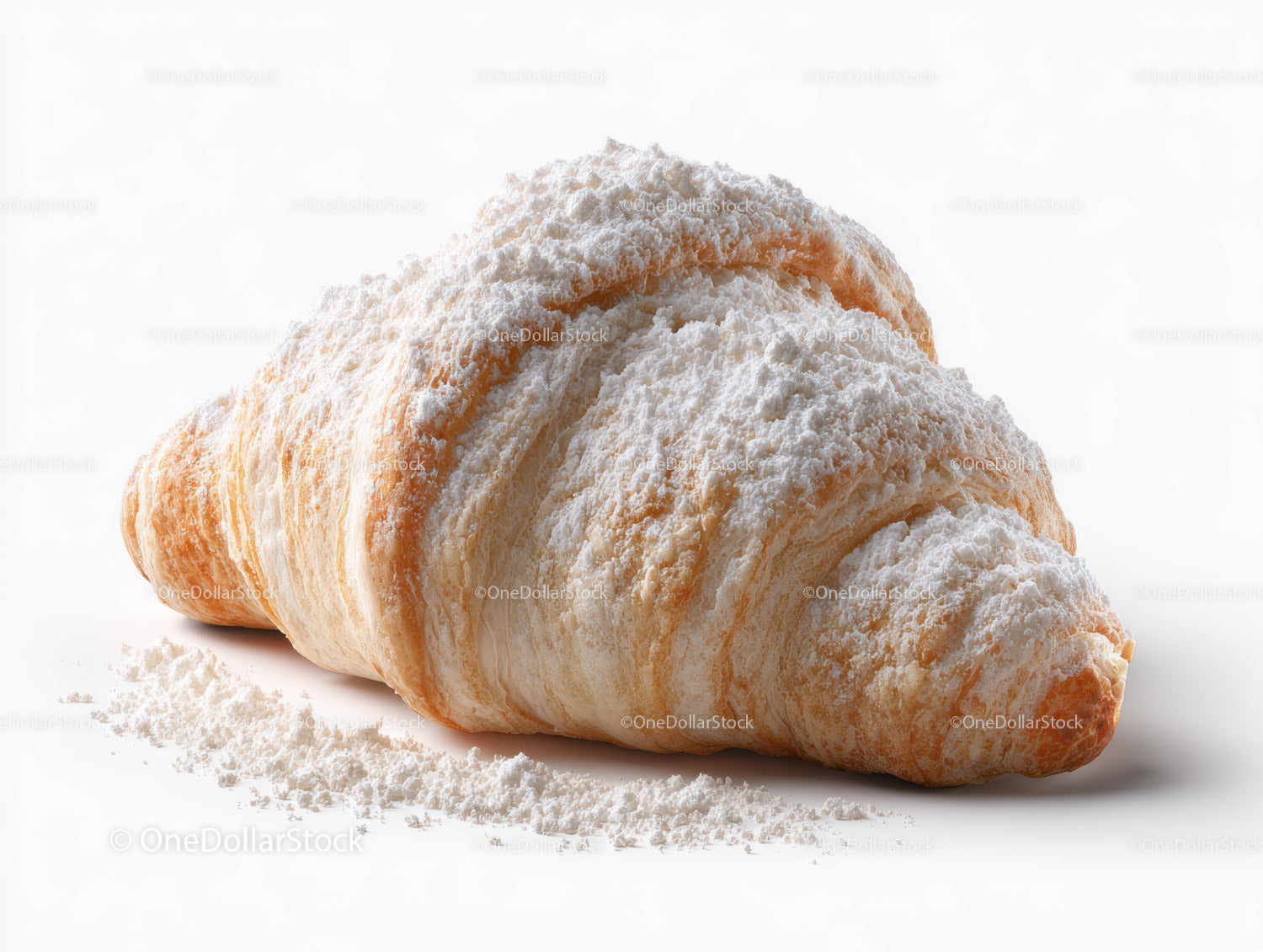 Świeży croissant z cukrem pudrem i chrupiącymi, płatkowatymi warstwami
