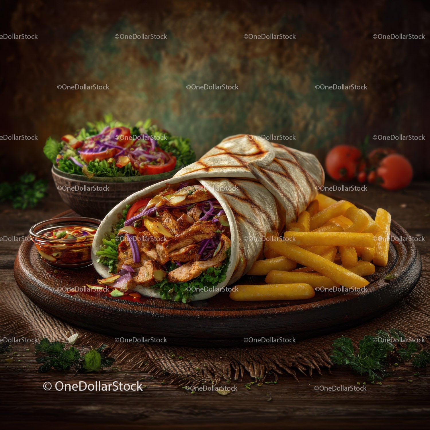 Chicken Shawarma Wrap with French Fries and Fresh Salad