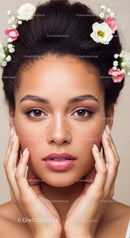 Elegant Portrait of a Woman with Freckles and Floral Hair Accessories