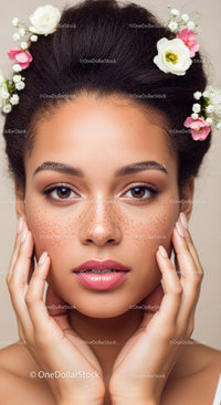 Elegant Portrait of a Woman with Freckles and Floral Hair Accessories