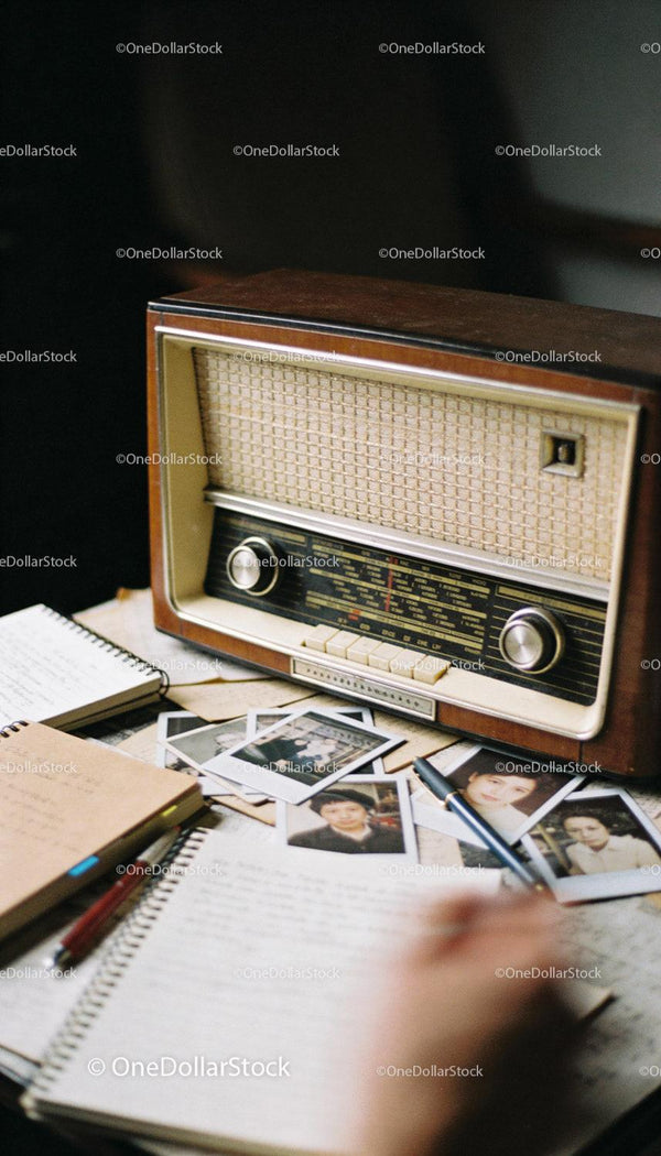Wintage radio na biurku z fotografiami i notatkami