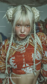Young Woman with Braided Hair and Bold Fashion Looking Intense
