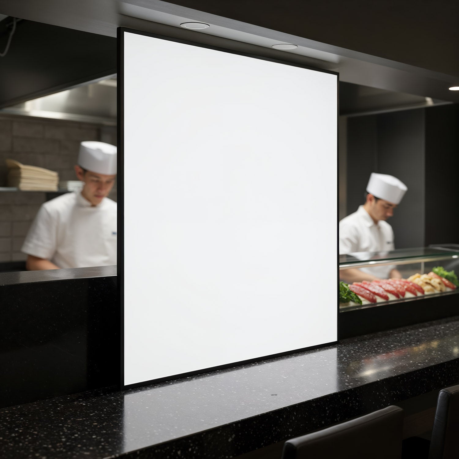 Sushi chefs working behind counter with blank sign