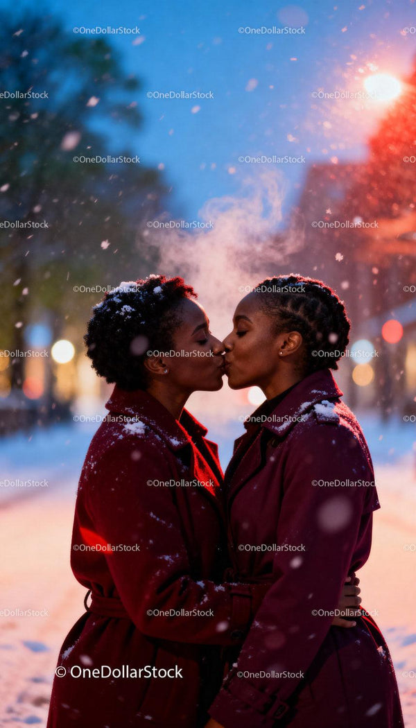 Couple sharing a tender kiss on snowy winter evening