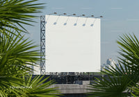 Blank billboard on rooftop framed by palm leaves