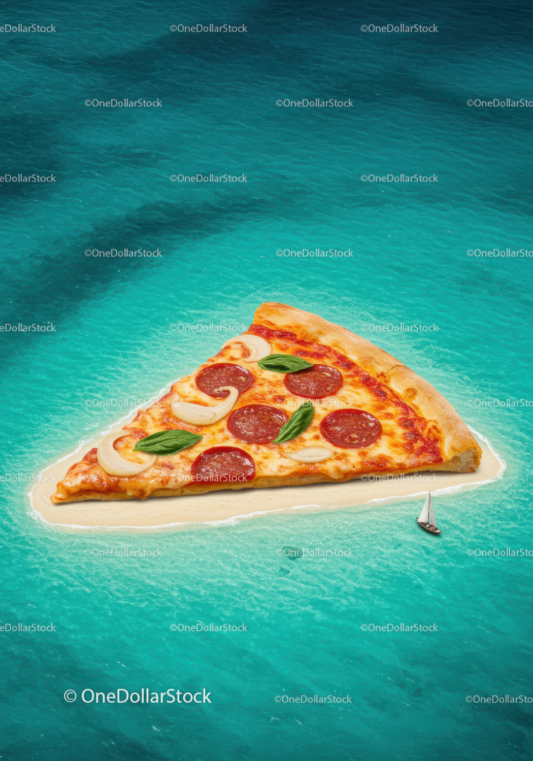 Surreal pepperoni pizza slice island in turquoise ocean
