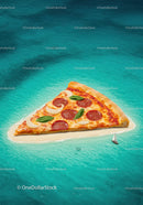 Surreal pepperoni pizza slice island in turquoise ocean