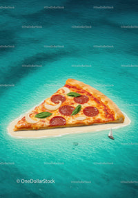 Surreal pepperoni pizza slice island in turquoise ocean