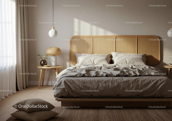 Cozy neutral bedroom with natural light and rattan decor