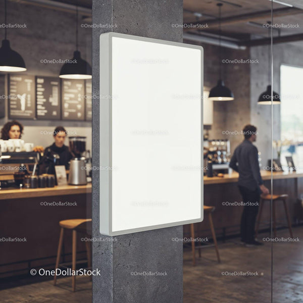 Blank Vertical Lightbox on Concrete Pillar in Coffee Shop JPG Mockup Image