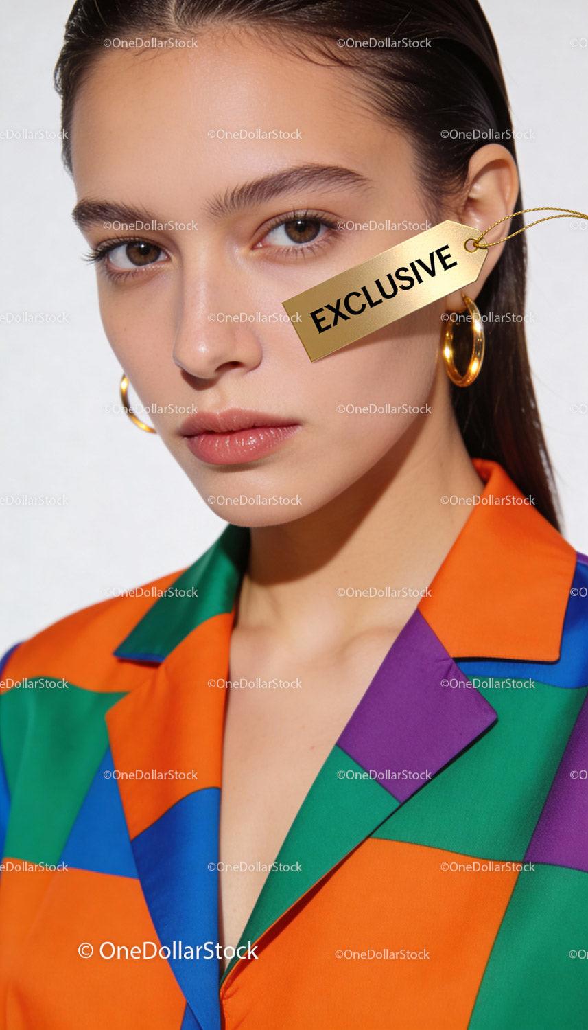 Close-up portrait of woman in vibrant color-blocked jacket