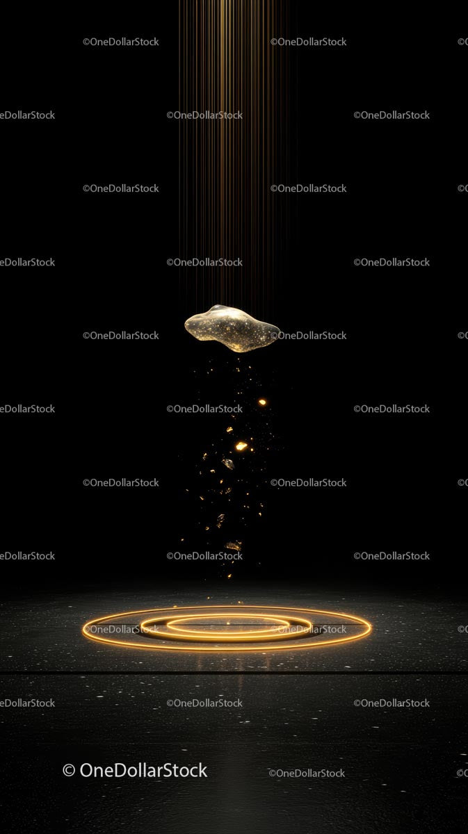 Floating Gold Nugget with Glowing Rings in Digital Space