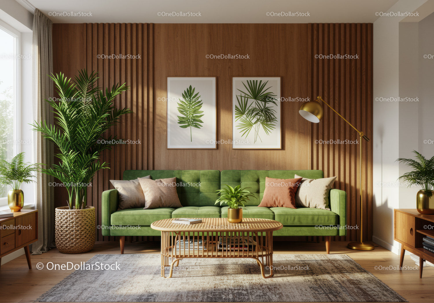 Modern living room with green sofa and natural decor