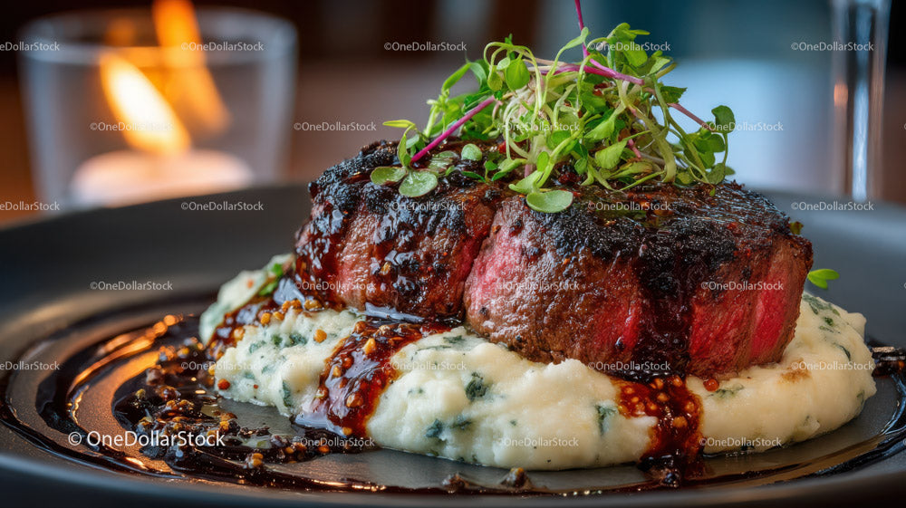 Juicy Steak with Mashed Potatoes and Herb Garnish in Elegant Restaurant