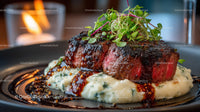 Juicy Steak with Mashed Potatoes and Herb Garnish in Elegant Restaurant