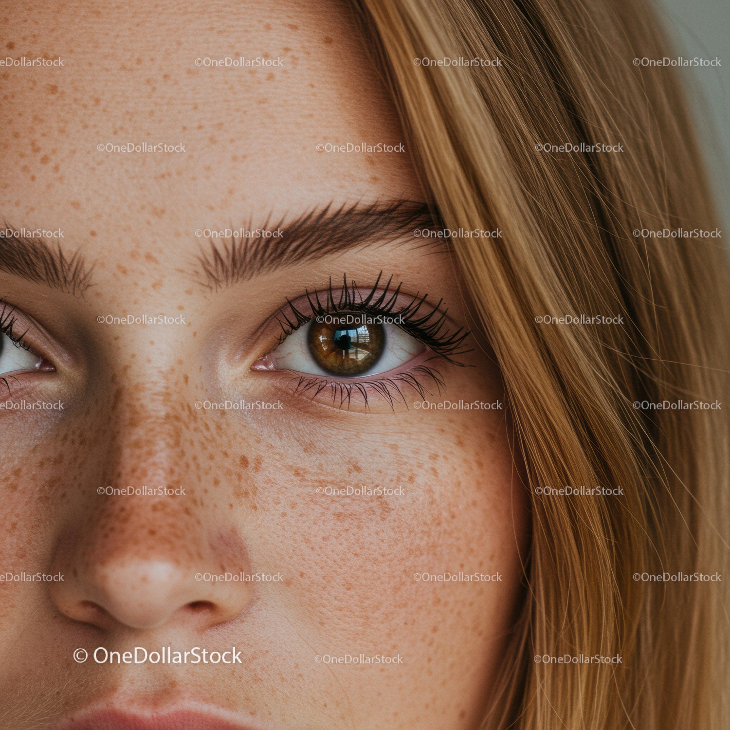 Close up of young woman with freckles and brown eyes