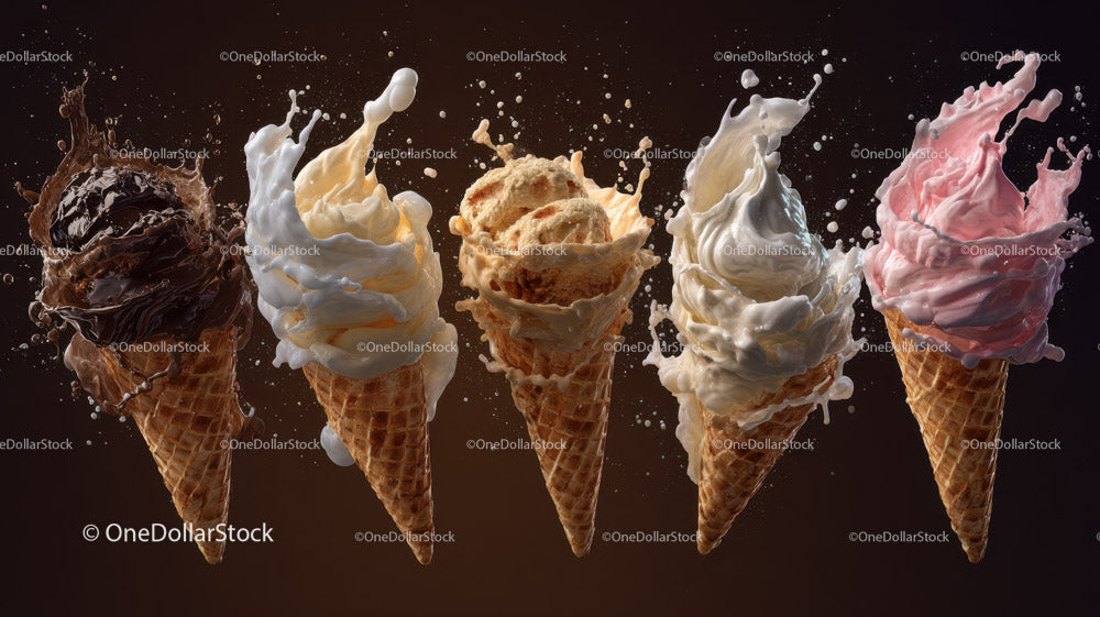 Colorful Ice Cream Cones with Swirling Toppings on Black Background