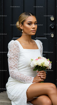 Elegant woman in white lace dress holding bridal bouquet