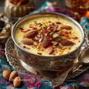 Colorful Indian Saffron and Nut Milk-Based Dessert in Silver Bowl