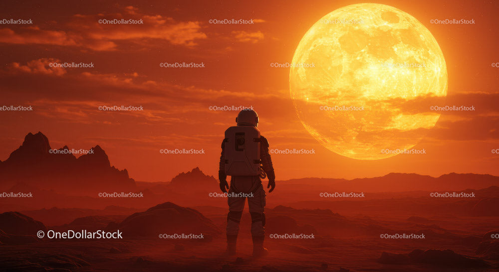 Astronauta stojący na powierzchni Czerwonej Planety w blasku pełni Księżyca i zachodu słońca