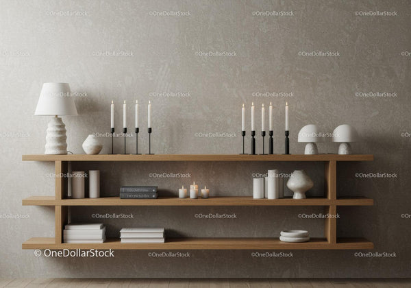 Minimalist wooden shelves with candles and decor items