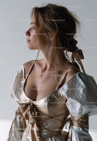 Elegant Female Model in Satin Dress with Jewelry and Wavy Hair