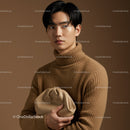 Elegant Man in Beige Turtleneck Sweater with Neutral Background