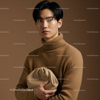 Elegant Man in Beige Turtleneck Sweater with Neutral Background