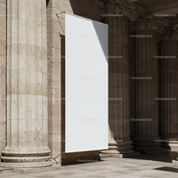 Blank Vertical Banner Hanging on Historic Building Pillars