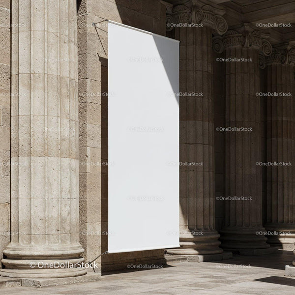 Blank Vertical Banner Hanging on Historic Building Pillars JPG Mockup Image