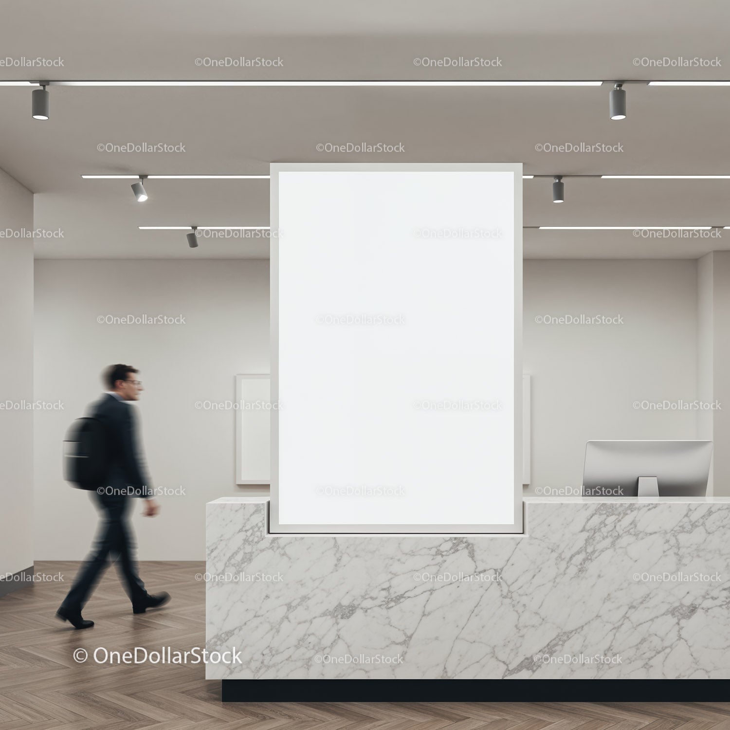 Modern office reception with marble desk and blank sign