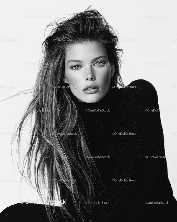 Elegant Monochrome Woman with Long Hair and Confident Gaze