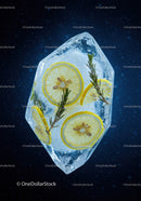 Crystal clear ice cube with lemon slices and rosemary