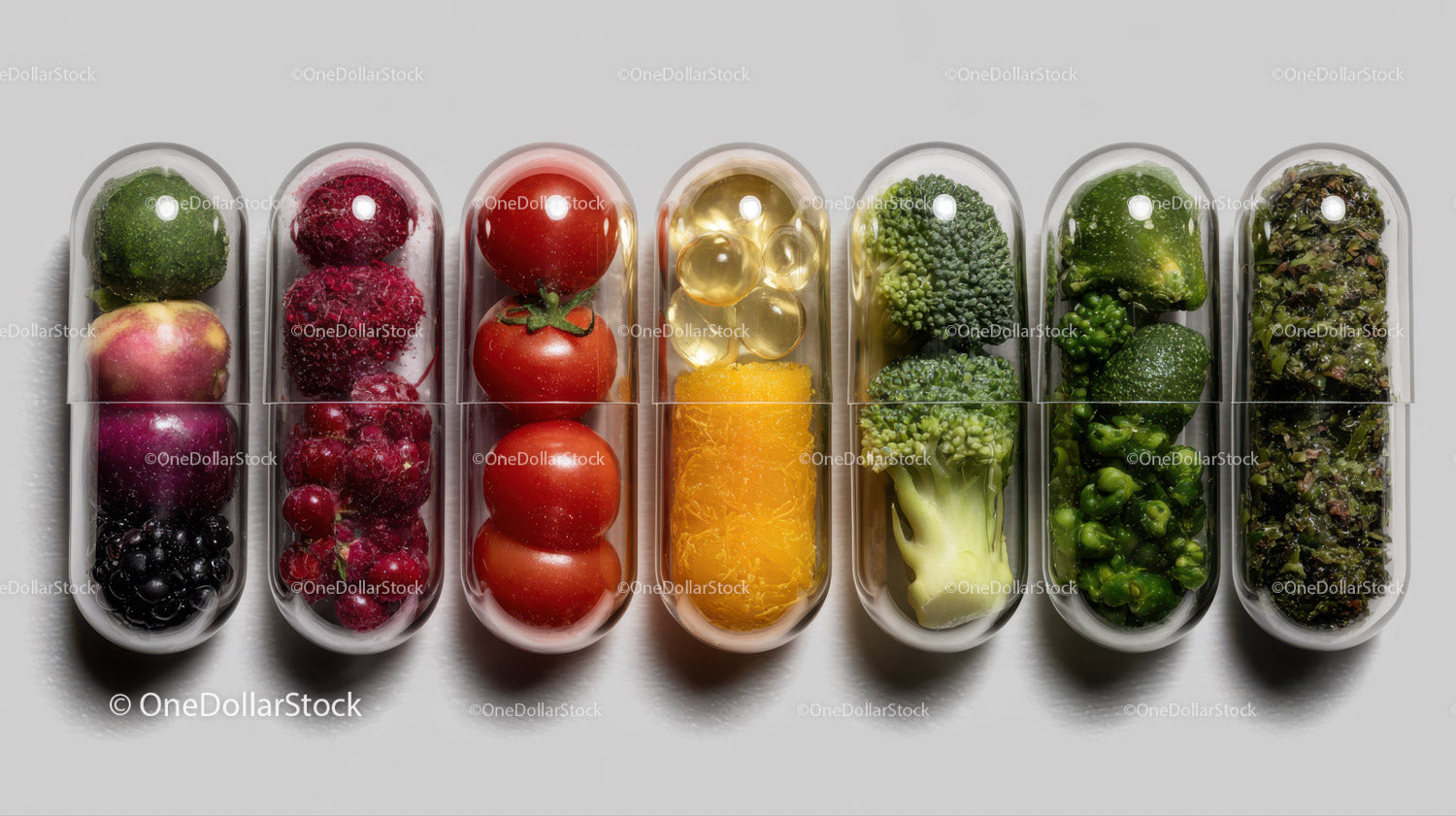 Colorful Assorted Berries and Vegetables in Plastic Capsules